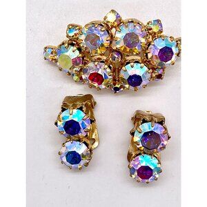 Vintage jewelry set, 50's fab Aurora Borealis coloured rhinestones, in gold tone